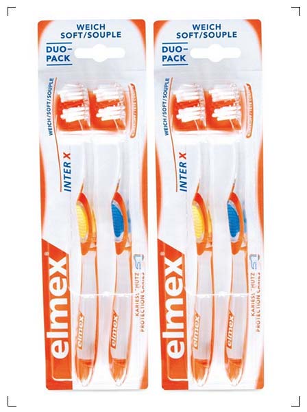 GABA International ELMEX INTER X PROTECTION CARIES TETE COURT SOUPLE 4PIECES, エルメックス 虫歯予防歯ブラシ インターX ショートヘッド ソフトタイプ 4本セット ガバ インターナショナル