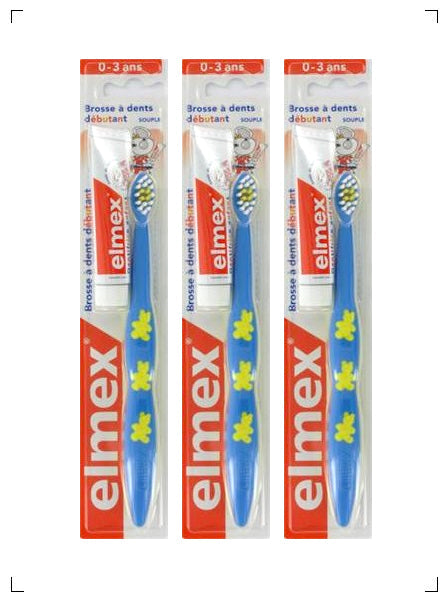 GABA International ELMEX BROSSE A DENTS DEBUTANT 0 - 3 ANS 3PIECES, エルメックス 子供用トレーニングハブラシ 0〜3歳用 3本セット ガバ インターナショナル