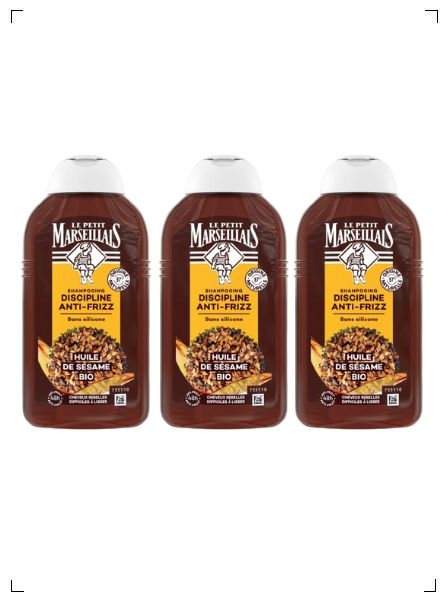 Le Petit Marseillais SHAMPOOING INFUSION DISCIPLINE ANTI FRIZZ HUILE DE SESAME BIO, オーガニックシャンプー セサミオイル 3本セット ル プチ マルセイエ