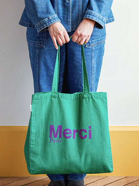Merci CABAS MERCI PARIS GRANDE TAILLE VERT&VIOLET, ロゴ コットントートバッグ(大) 緑&紫 メルシー
