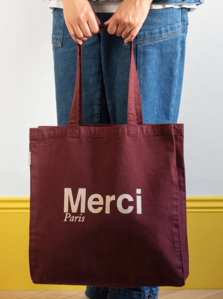 Merci CABAS MERCI PARIS GRANDE TAILLE BORDEAUX & CREME, ロゴ コットントートバッグ(大)ボルドー&クリーム メルシー
