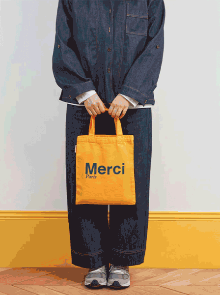Merci TOTE BAG EN COTON MINI / JAUNE & BLEU CANARD, ロゴ ミニトートバッグ イエロー ブルー カナール メルシー