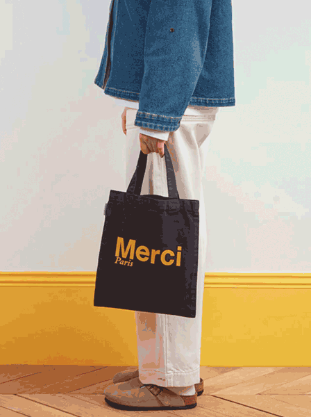 Merci TOTE BAG EN COTON MINI / NOIR & JAUNE, ロゴ ミニトートバッグ ブラック イエロー メルシー