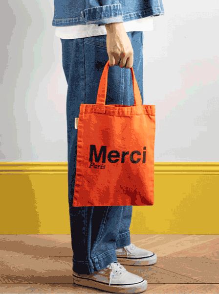 Merci TOTE BAG EN COTON MINI / ORANGE & MARRON, ロゴ ミニトートバッグ オレンジ マロン メルシー