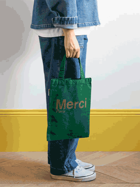 Merci TOTE BAG EN COTON MINI / VERT, ロゴ ミニトートバッグ グリーン メルシー