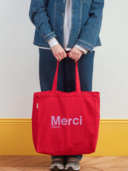 Merci CABAS MERCI PARIS GRANDE TAILLE ROUGE & VIOLET, ロゴ コットントートバッグ(大)レッド パープル メルシー