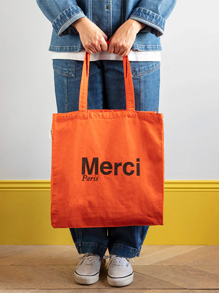 Merci CABAS MERCI PARIS GRANDE TAILLE ORANGE & MARRON, ロゴ コットントートバッグ(大)オレンジ マロン メルシー