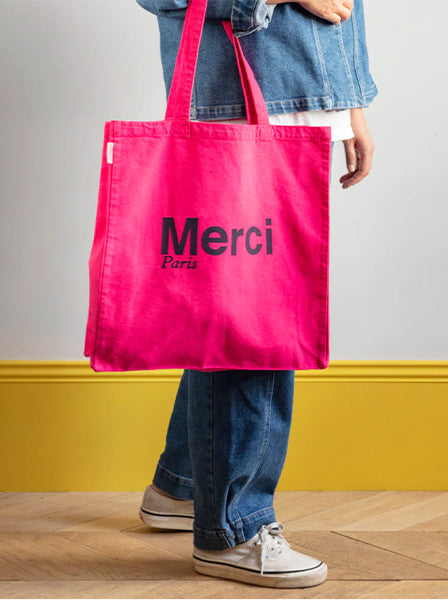 Merci CABAS MERCI PARIS GRANDE TAILLE ROSE & MARINE, ロゴ コットントートバッグ(大)ローズ マリン メルシー