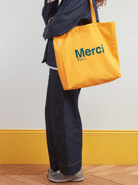 Merci CABAS MERCI PARIS GRANDE TAILLE JAUNE & BLEU CANARD, ロゴ コットントートバッグ(大)イエロー ブルー カナール メルシー