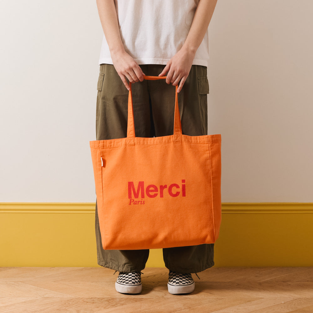 MERCI - TOTE BAG EN COTON - ABRICOT & FRAMBOISE