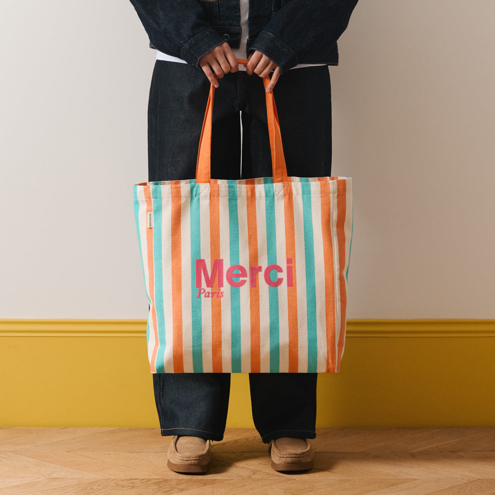 MERCI - TOTE BAG EN COTON RAYÉ - TURQUOISE & ABRICOT