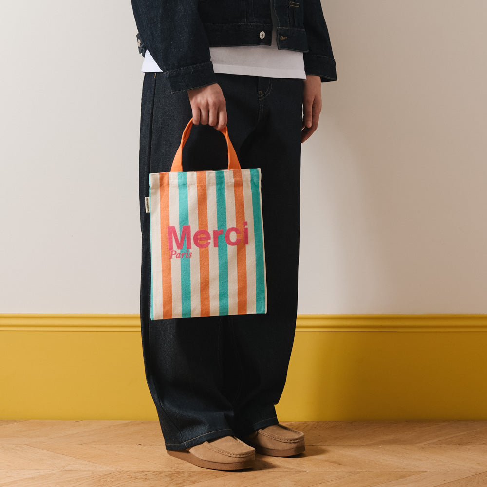 MERCI - TOTE BAG EN COTON RAYÉ - TURQUOISE & ABRICOT