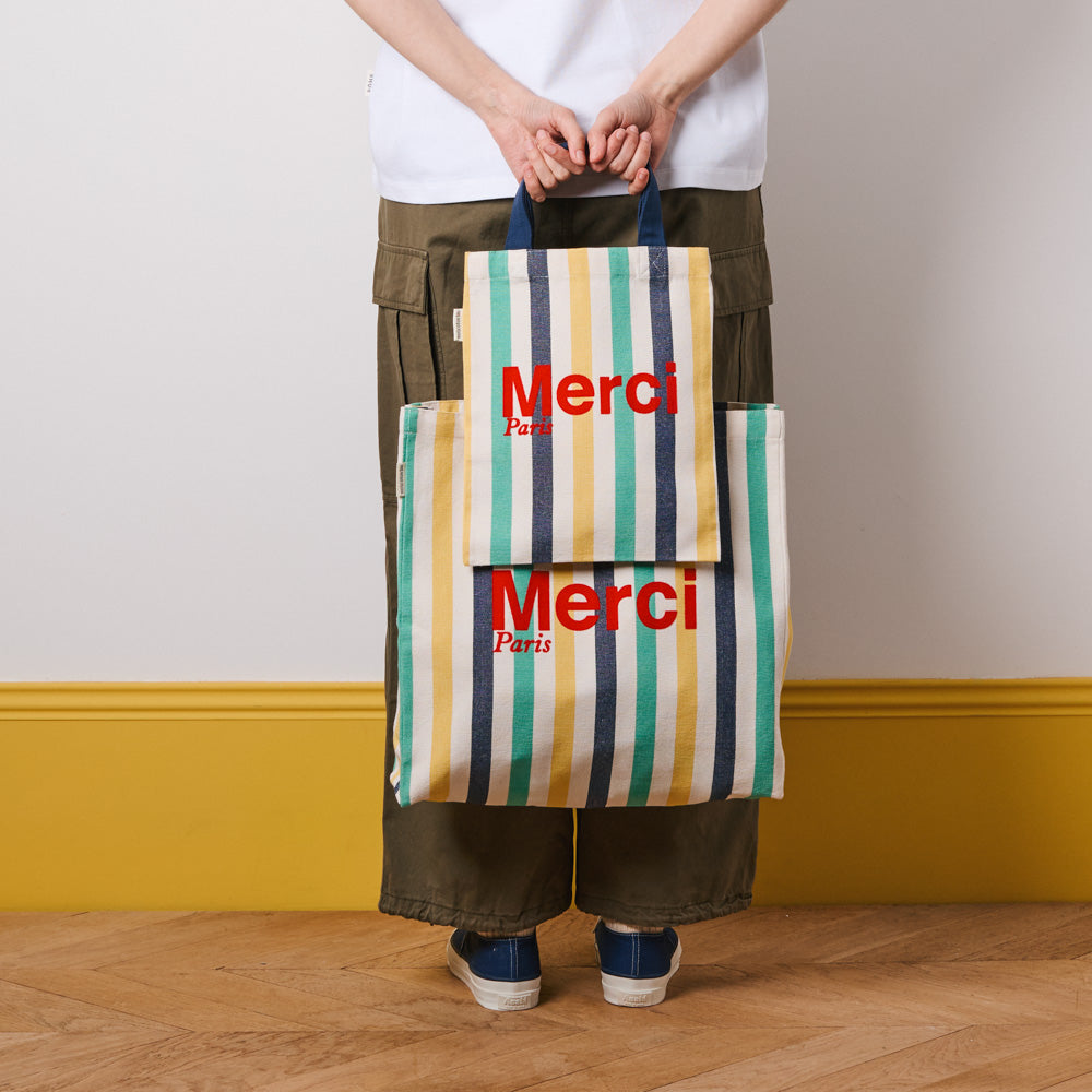 MERCI - TOTE BAG EN COTON RAYÉ - BLEU NUIT & BANANE