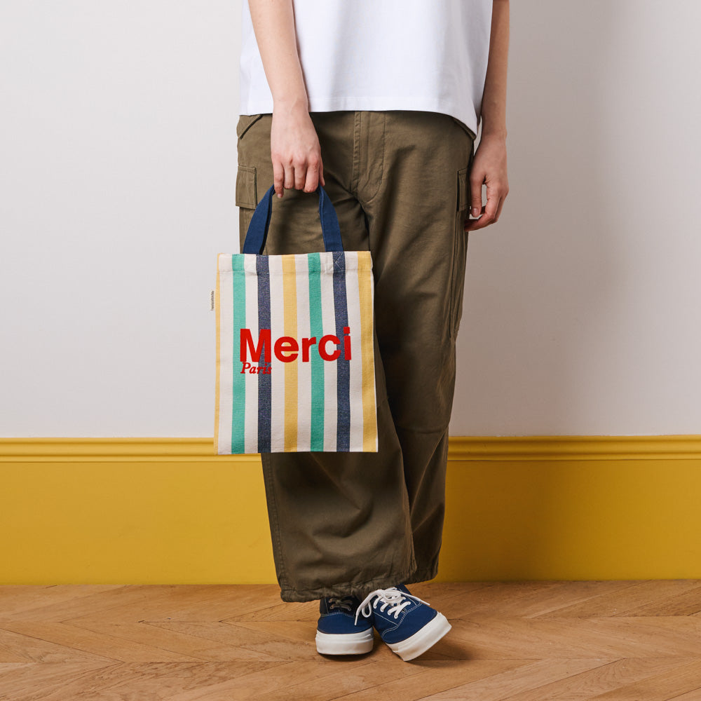 MERCI - TOTE BAG EN COTON RAYÉ - BLEU NUIT & BANANE