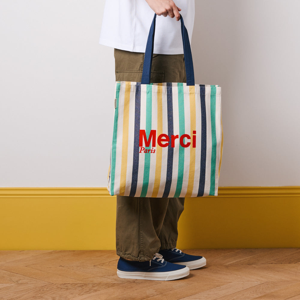 MERCI - TOTE BAG EN COTON RAYÉ - BLEU NUIT & BANANE