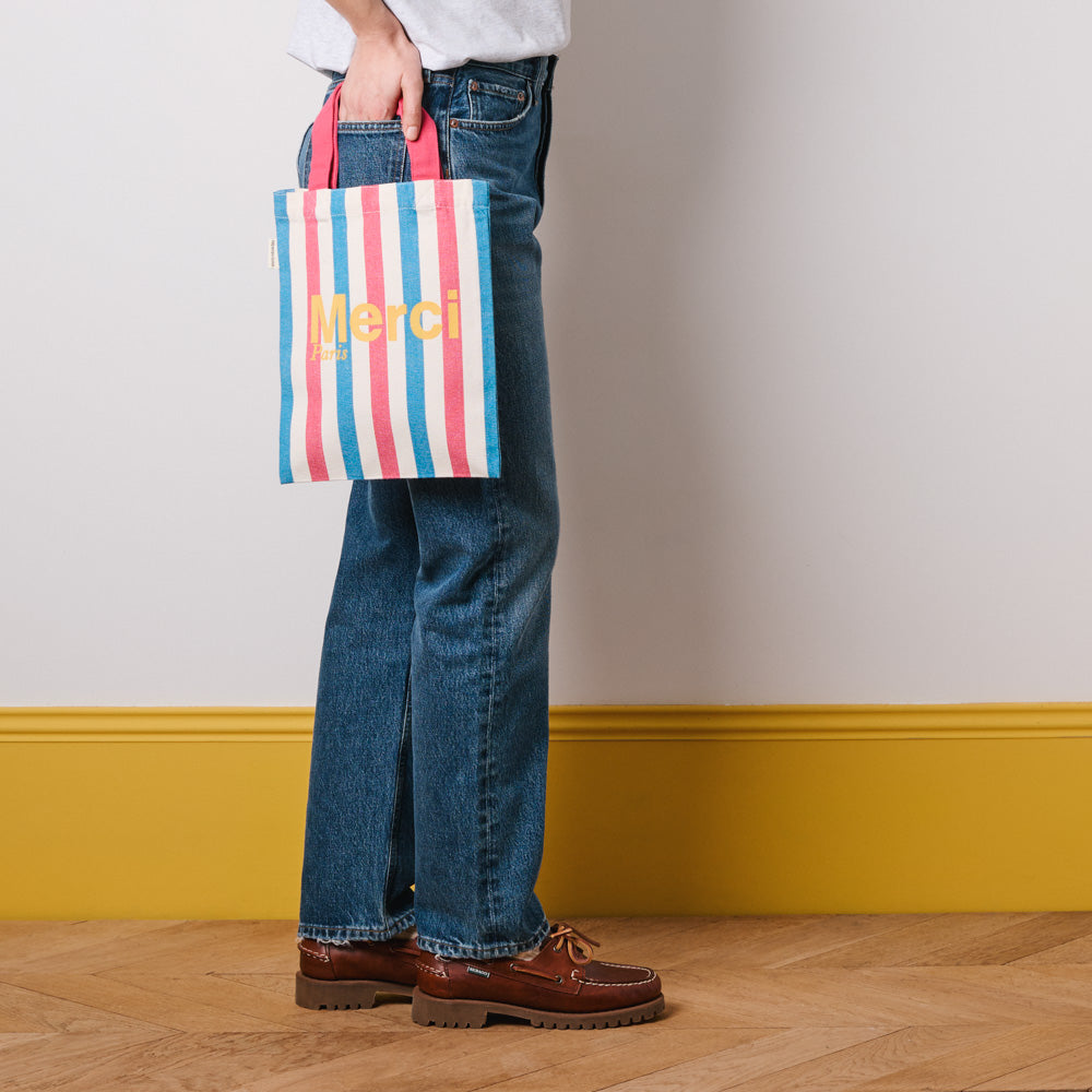 MERCI - TOTE BAG EN COTON RAYÉ - ROSE & BLEU