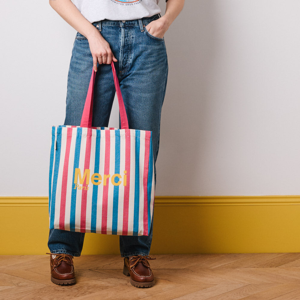 MERCI - TOTE BAG EN COTON RAYÉ - ROSE & BLEU