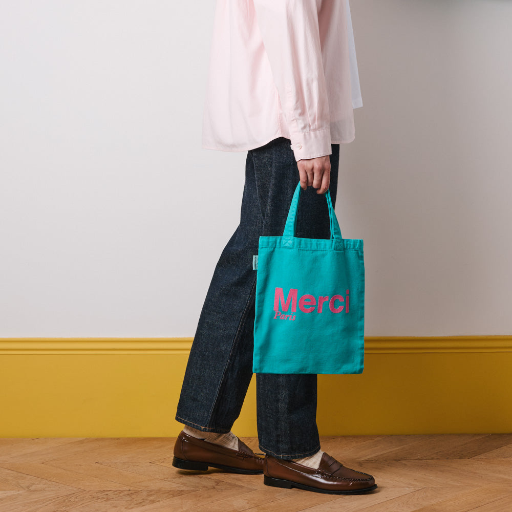 MERCI - TOTE BAG EN COTON - TURQUOISE & ROSE