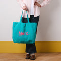 MERCI - TOTE BAG EN COTON - TURQUOISE & ROSE