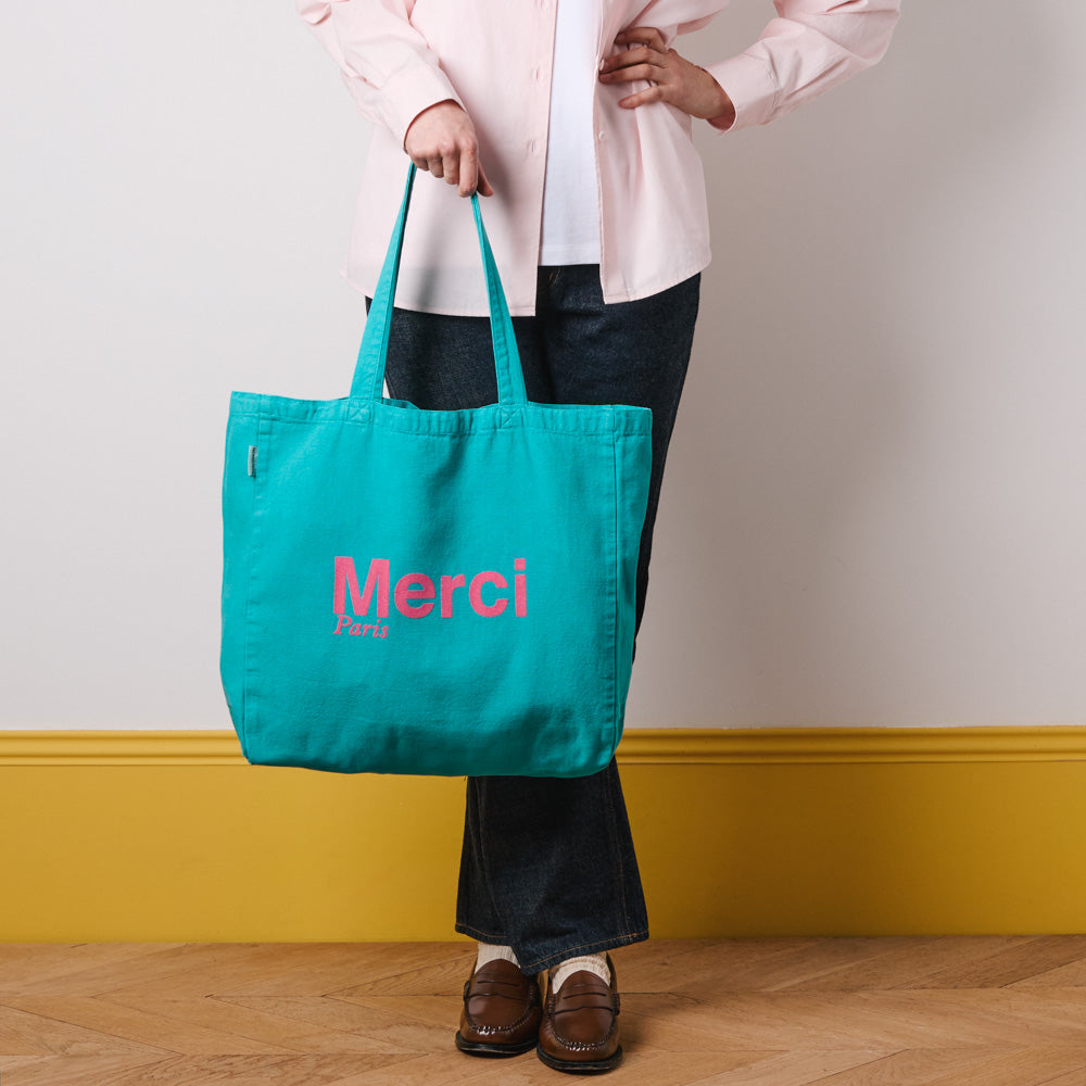 MERCI - TOTE BAG EN COTON - TURQUOISE & ROSE