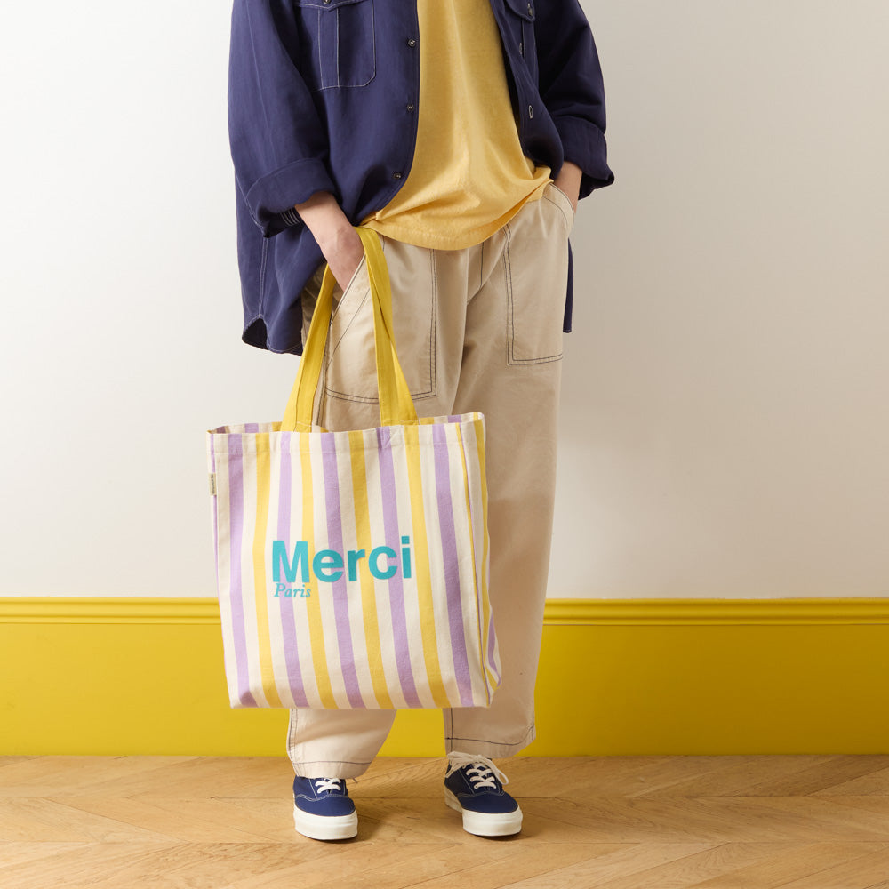 MERCI - TOTE BAG EN COTON RAYÉ - LILA & BANANE