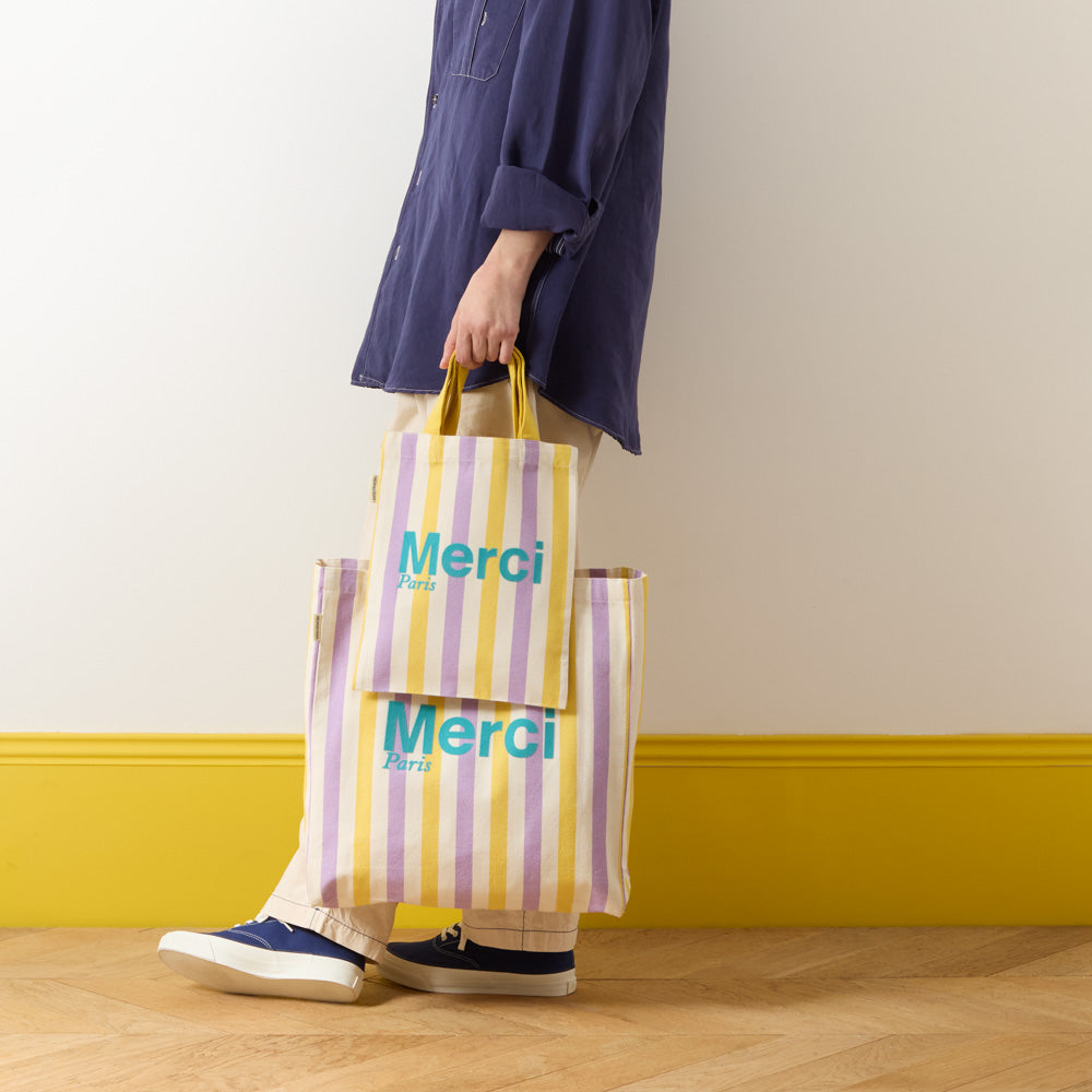 MERCI - TOTE BAG EN COTON RAYÉ - LILA & BANANE