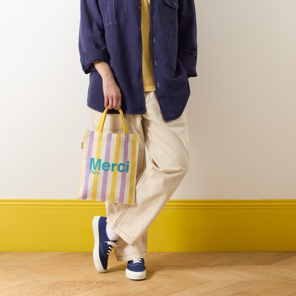 MERCI - TOTE BAG EN COTON RAYÉ - LILA & BANANE
