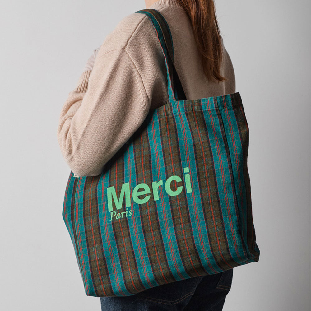 MERCI - TOTE BAG EN COTON - BLEU, MARRON & VERT