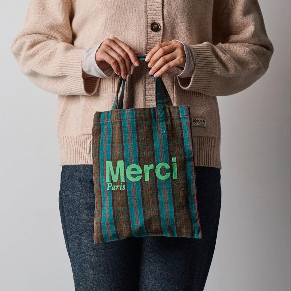 MERCI - TOTE BAG EN COTON - BLEU, MARRON & VERT