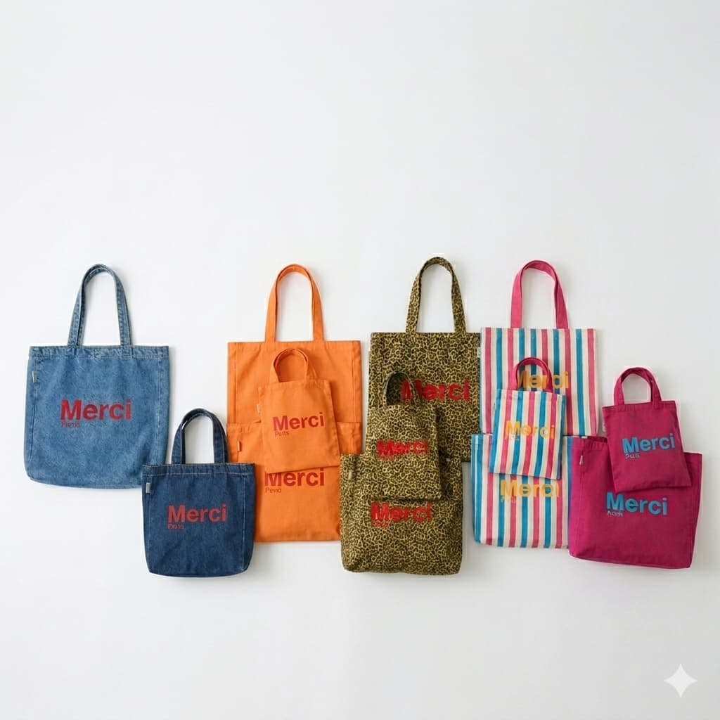 merci」ロゴが映えるシンプルなキャンバストートバッグ。