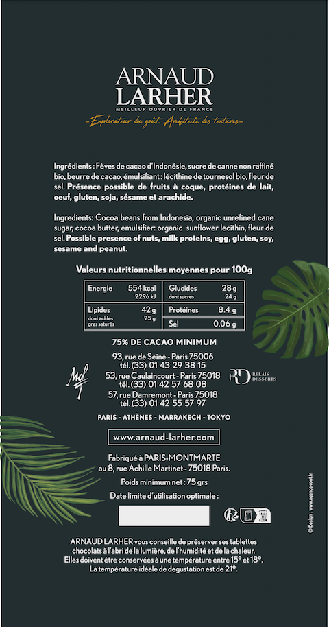 TABLETTE CHOCOLAT NOIR INDONÉSIE 75 %