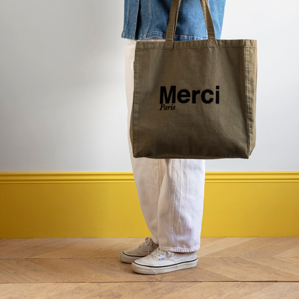 MERCI - TOTE BAG EN COTON - KAKI & NOIR
