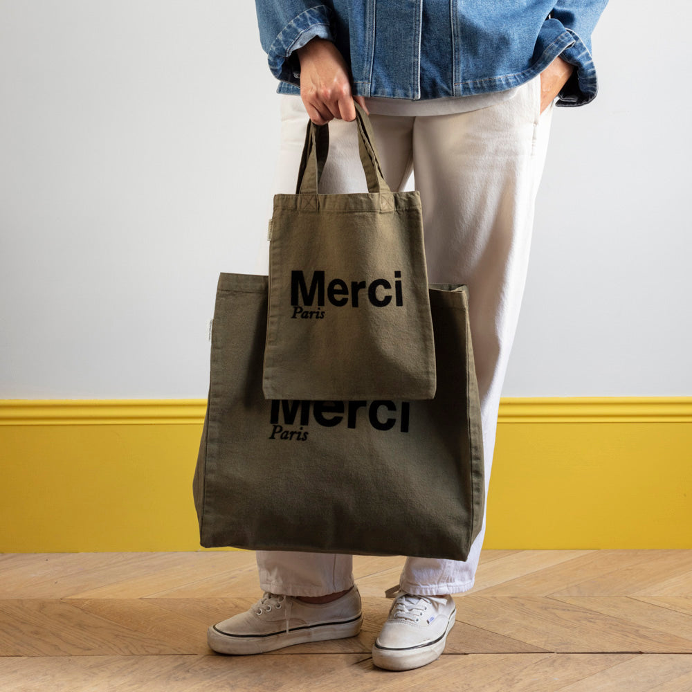 MERCI - TOTE BAG EN COTON - KAKI & NOIR