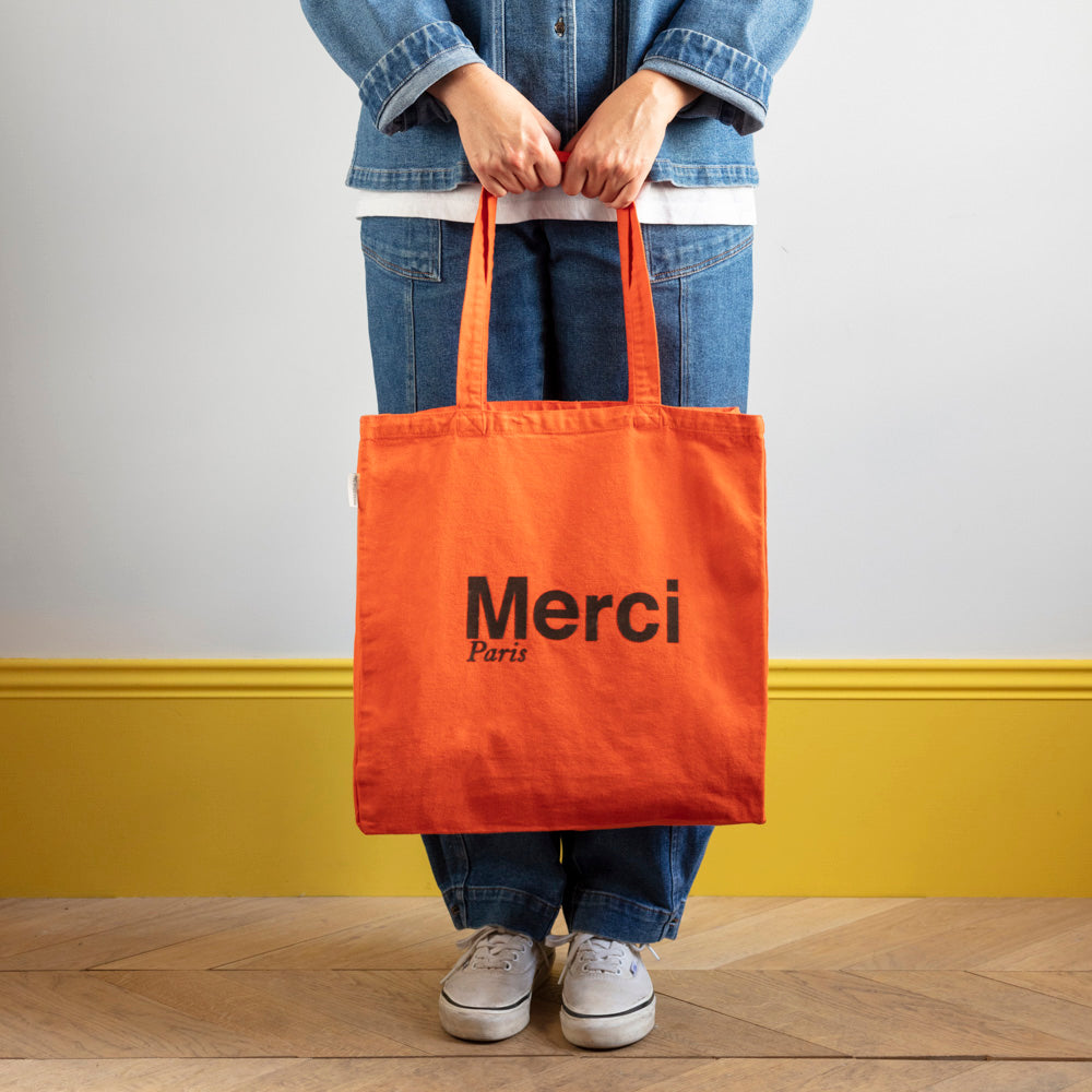 MERCI - TOTE BAG EN COTON - ORANGE & MARRON