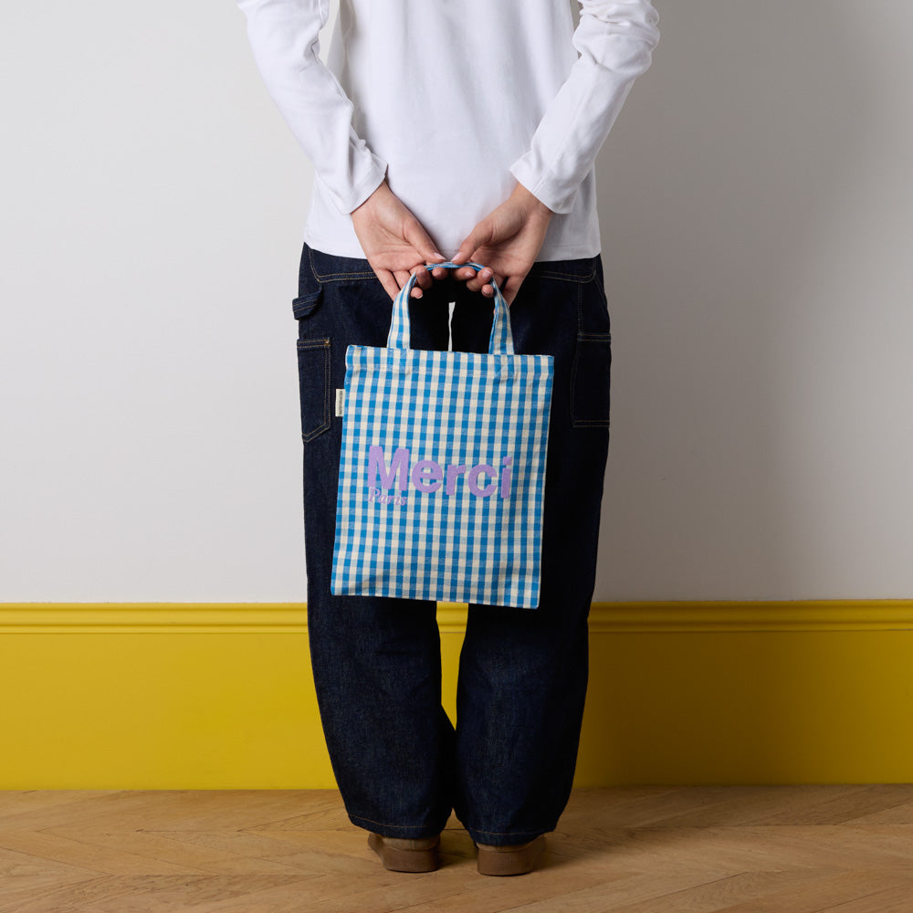 MERCI - TOTE BAG EN COTON VICHY - BLEU & ECRU