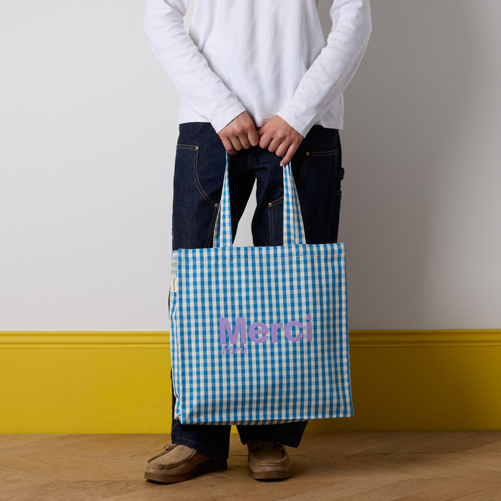 MERCI - TOTE BAG EN COTON VICHY - BLEU & ECRU