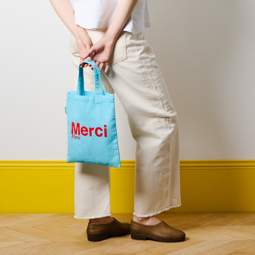 MERCI - TOTE BAG EN COTON - BLEU CLAIR & ROUGE