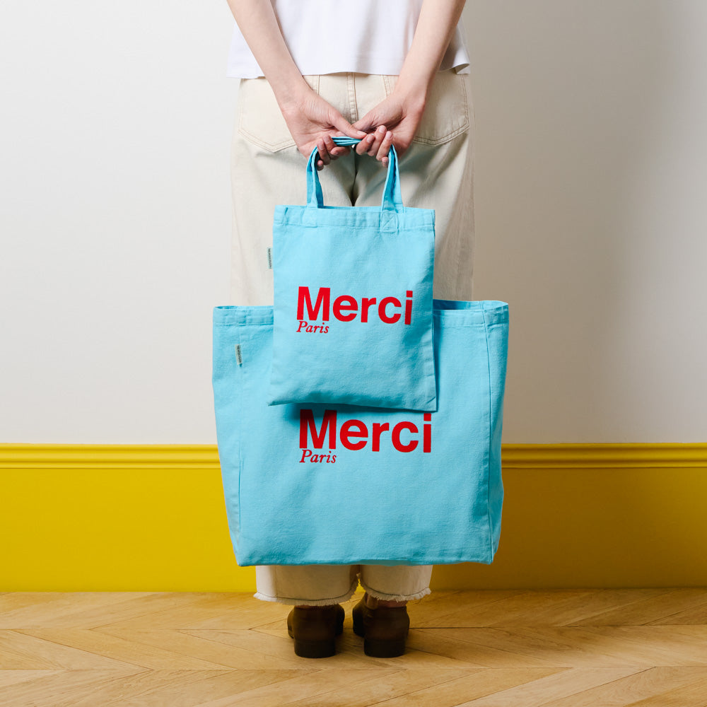 MERCI - TOTE BAG EN COTON - BLEU CLAIR & ROUGE