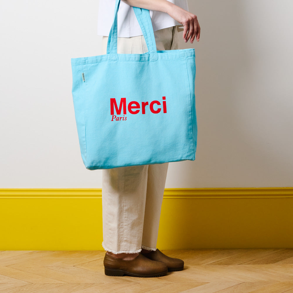 MERCI - TOTE BAG EN COTON - BLEU CLAIR & ROUGE