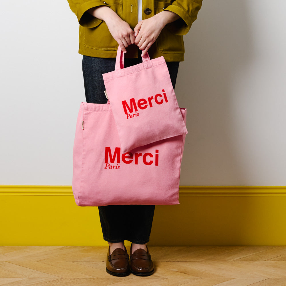 MERCI - TOTE BAG EN COTON - ROSE CLAIR & ROUGE