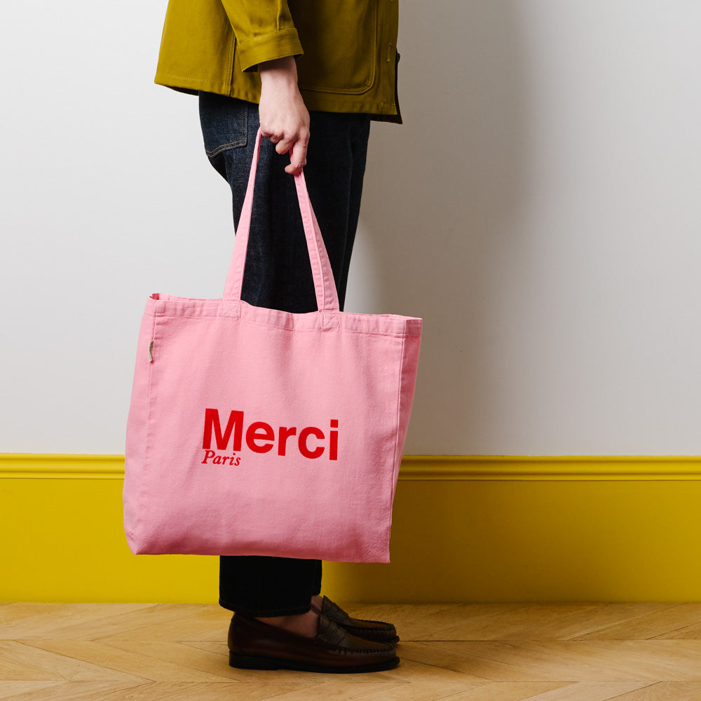 MERCI - TOTE BAG EN COTON - ROSE CLAIR & ROUGE