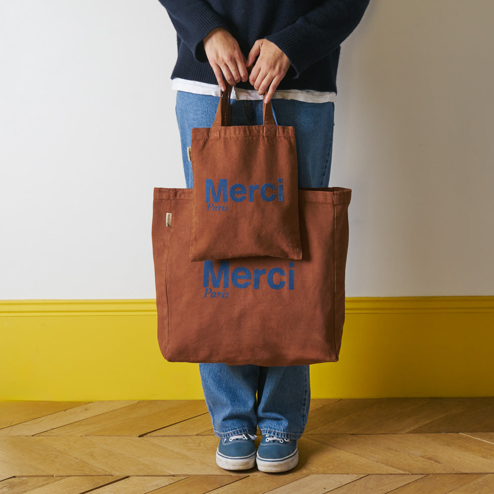 MERCI - TOTE BAG EN COTON - MARRON & MARINE