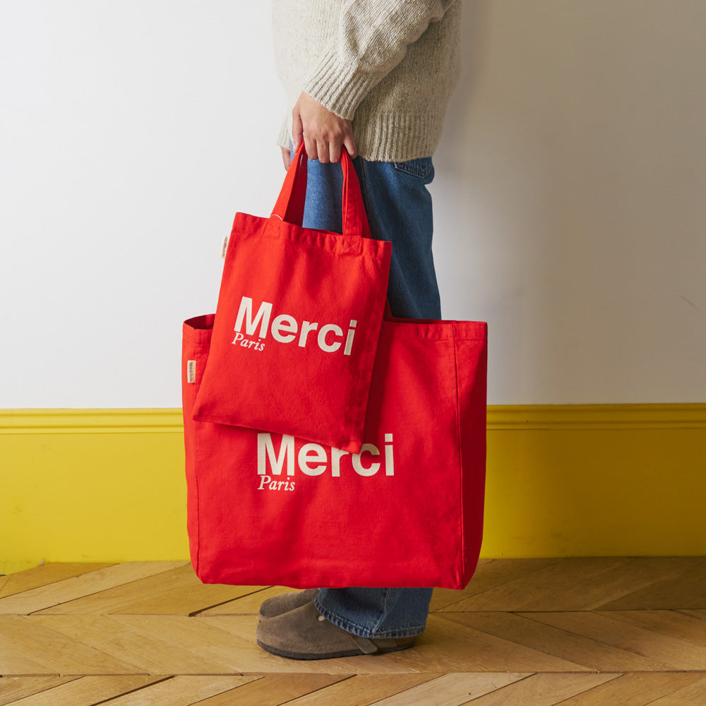 MERCI - TOTE BAG EN COTON - ROUGE & ECRU