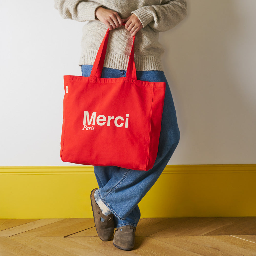MERCI - TOTE BAG EN COTON - ROUGE & ECRU