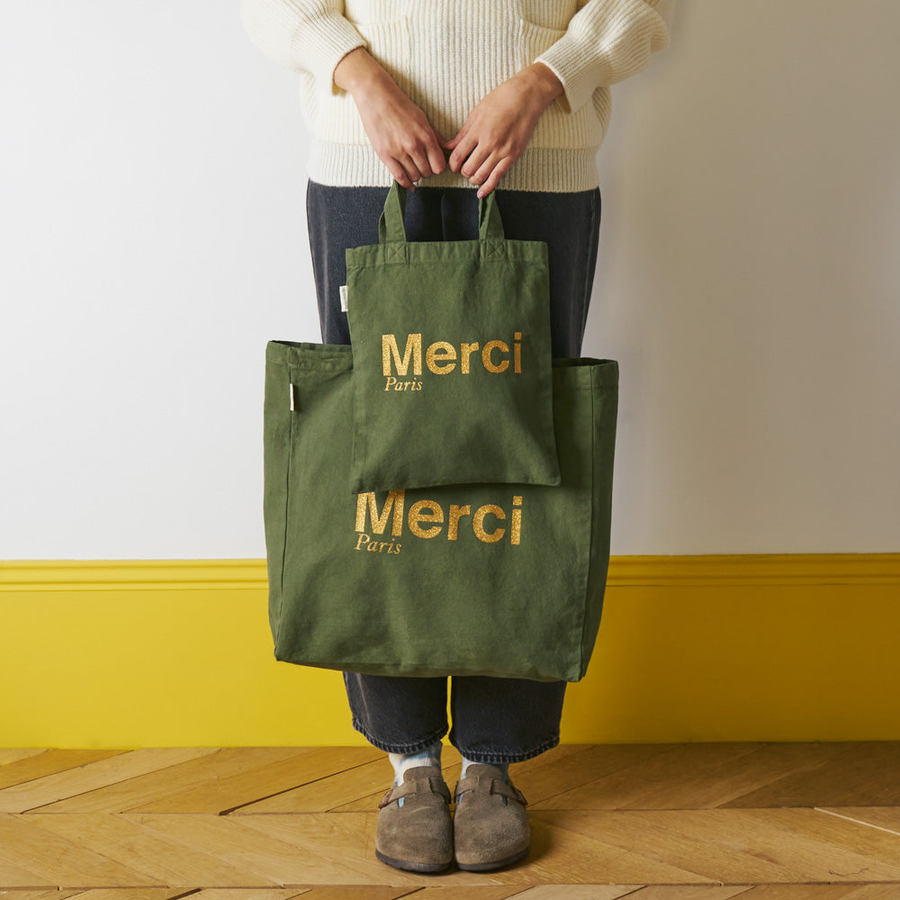 MERCI - TOTE BAG EN COTON - KAKI & DORÉ