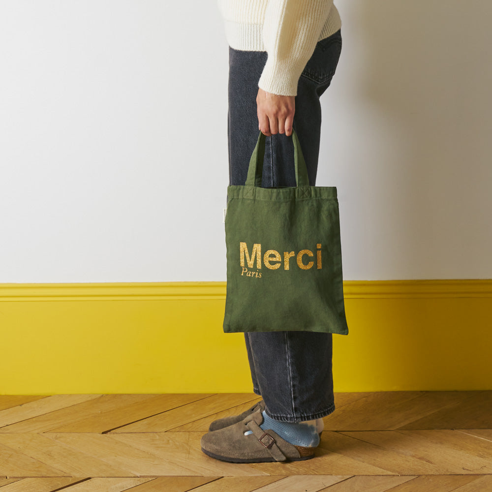 MERCI - TOTE BAG EN COTON - KAKI & DORÉ