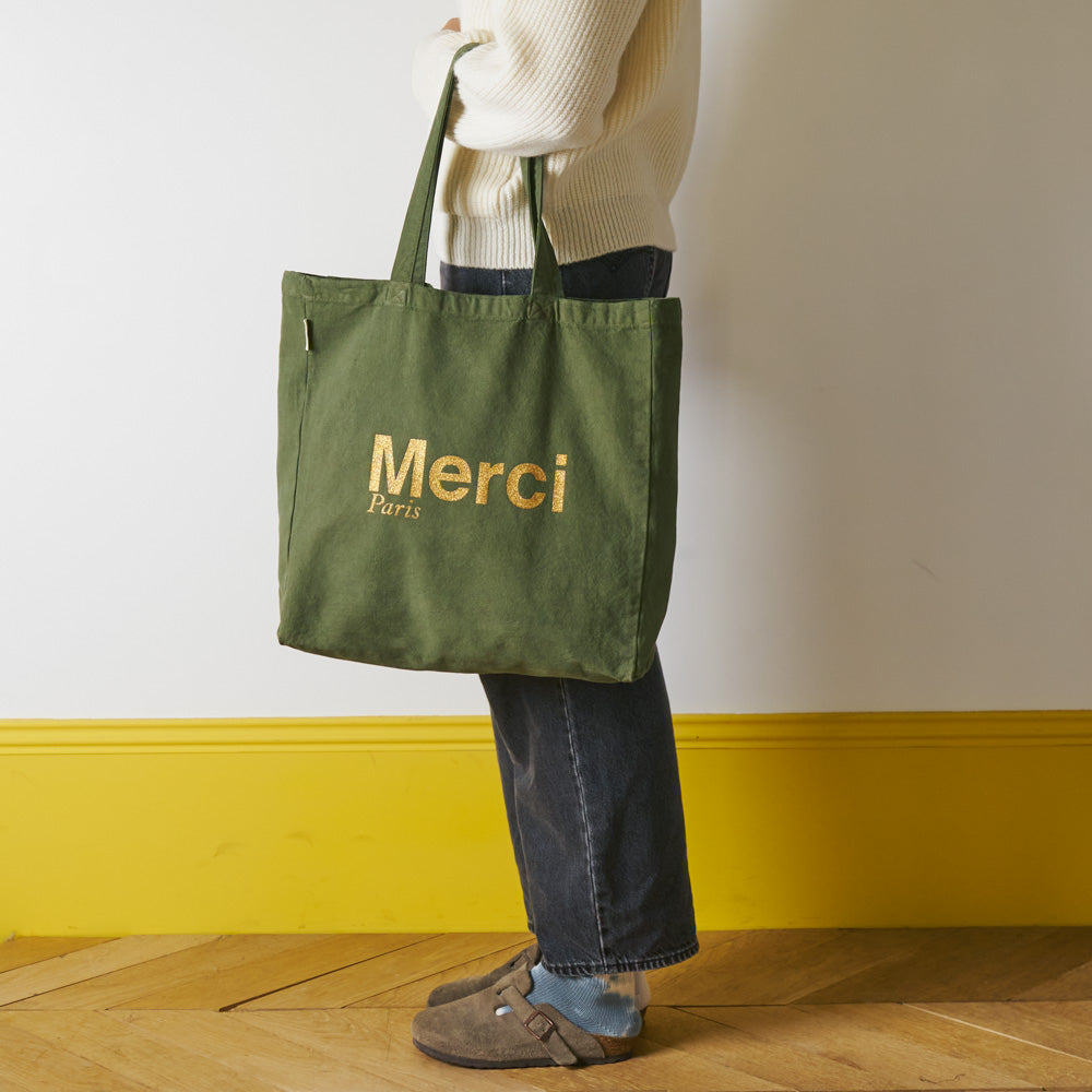 MERCI - TOTE BAG EN COTON - KAKI & DORÉ