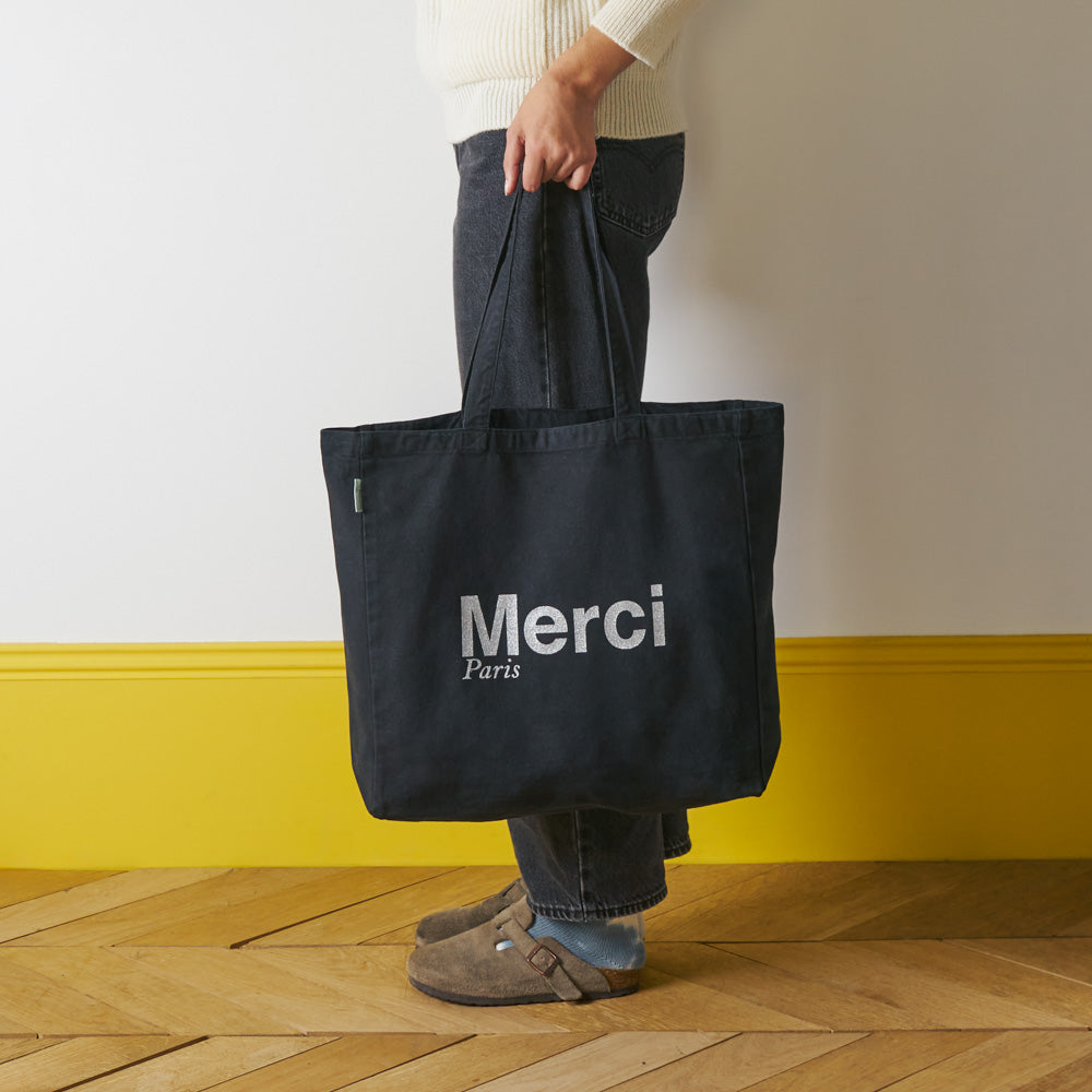 MERCI - TOTE BAG EN COTON - NOIR & ARGENT