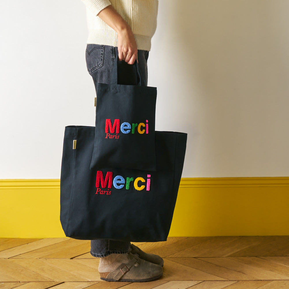 MERCI - TOTE BAG EN COTON BOUCLETTE - NOIR & MULTICOLORE