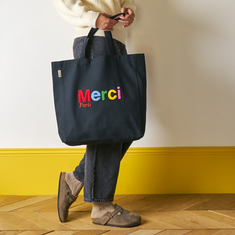 MERCI - TOTE BAG EN COTON BOUCLETTE - NOIR & MULTICOLORE